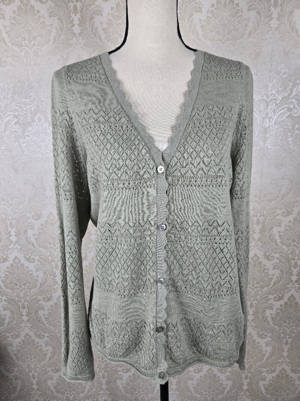 Frye Sz Medium Seagrass Green Pointelle Button Front Cardigan 100% Cotton Vneck